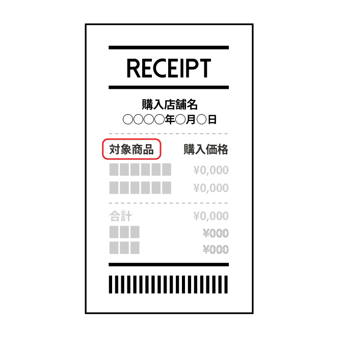 レシート見本（購入店舗名・購入日時・対象商品・購入価格の記載例）